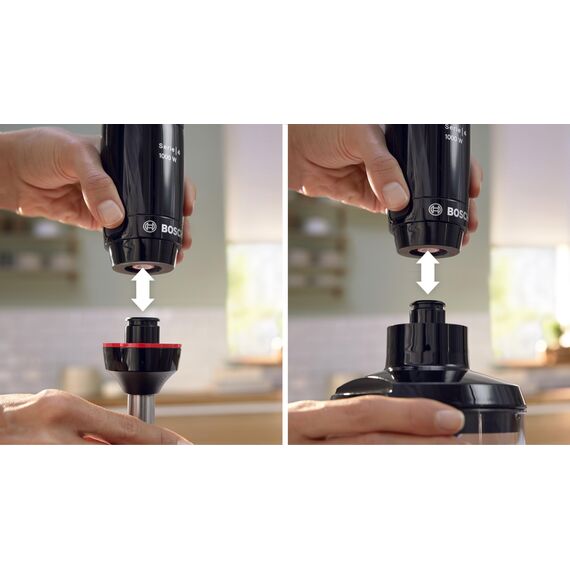 Bosch Stabmixer ErgoMaster Serie 4, mit Zerkleinerer, Mix-/Messbecher, Edelstahl-Klingen, langlebig, verschleißfreie Keramik-Kupplung, 1000 Watt, schwarz, MSM4B620