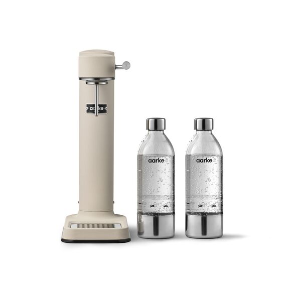 Aarke Carbonator 3, Wassersprudler aus Edelstahl im modernen Sand Finish mit 2x BPA-freier 1L PET-Flasche, Sprudelwasserbereiter für Leitungswasser, kompatibel mit 60L CO2-Zylindern