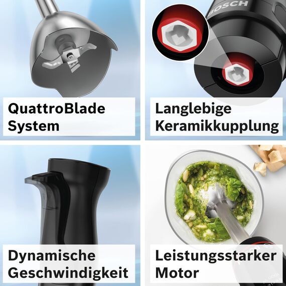 Bosch Stabmixer ErgoMaster Serie 4, mit Mixbecher, Edelstahl-Klingen, langlebig, verschleißfreie Keramik-Kupplung, Einschaltsperre, 1000 W, schwarz, MSM4B610
