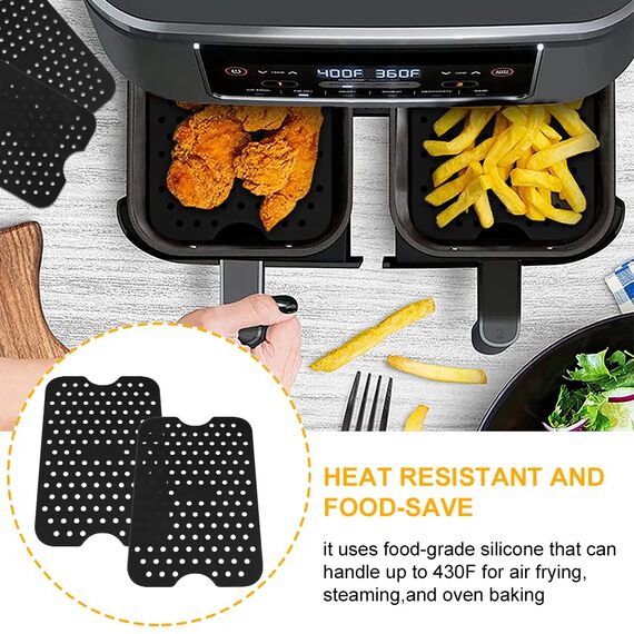 Vicloon Air Fryer Matten Liners,2 Stück Air Fryer Liner,perforierte Ausführung,Wiederverwendbar,Easy Clean Luftfritteuse Pad Antihaft Silikon Zubehör for Ninja,5.3x7.87 Zoll-Schwarz
