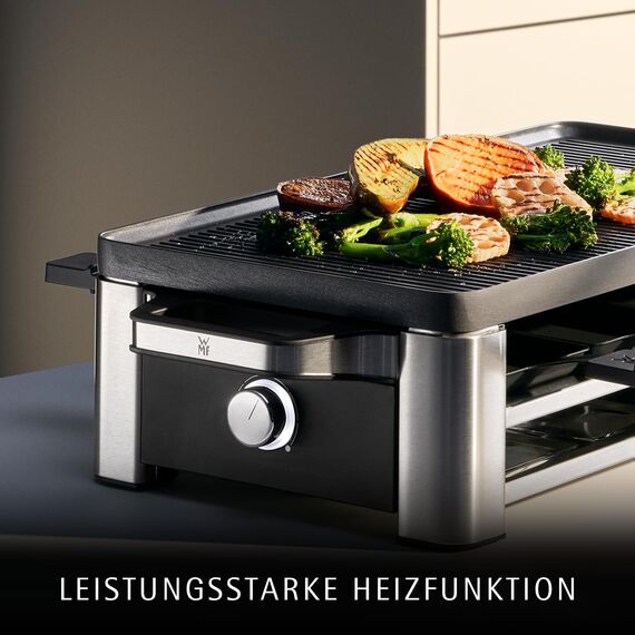 WMF Lono Raclette-Grill für 8 Personen, leistungsstark, gleichmäßiges Grillen und Überbacken, antihaftbeschichtete Pfännchen und Schieber, für idyllische Raclette-Abende, aus edlem Cromargan-Edelstahl