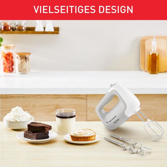 Tefal Handmixer Prep'Mix, 450 W, Handrührgerät mit 5 Geschwindigkeiten, 2 Schneebesen und 2 Knethaken aus Edelstahl, ergonomisches Design, spülmaschinenfestes Zubehör, HT450B