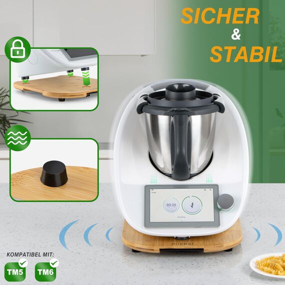 PUERSI Gleitbrett für Thermomix TM6/TM5, 2te Generation, Brett für Thermomix mit Rollen, Leicht Gleitendes Bambus Rollbrett/Slider - Bambus