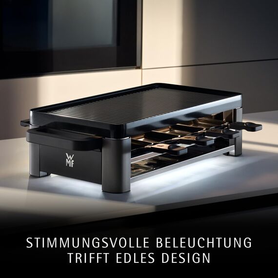 WMF Master Raclette Grill mit Keramikpfännchen und Schiebern, Raclette 8 Personen, 1500 W, mit Ablage, variable Temperaturkontrolle, antihaftbeschichtet, spülmaschinengeeignet, edelstahl schwarz matt
