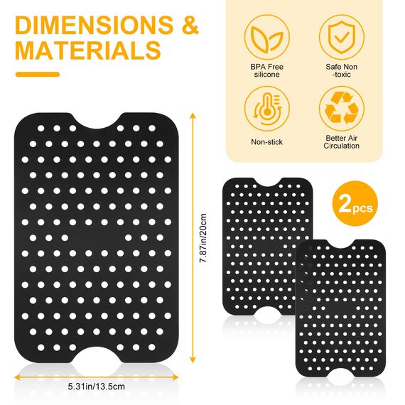 Vicloon Air Fryer Matten Liners,2 Stück Air Fryer Liner,perforierte Ausführung,Wiederverwendbar,Easy Clean Luftfritteuse Pad Antihaft Silikon Zubehör for Ninja,5.3x7.87 Zoll-Schwarz
