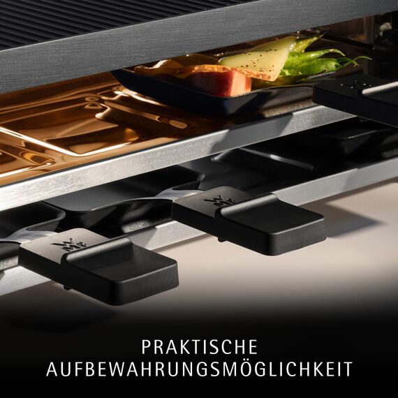 WMF Lono Raclette-Grill für 8 Personen, leistungsstark, gleichmäßiges Grillen und Überbacken, antihaftbeschichtete Pfännchen und Schieber, für idyllische Raclette-Abende, aus edlem Cromargan-Edelstahl