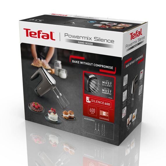 Tefal Power Mix Silence Handmixer – 600W leistungsstark und extra leise, variabler Geschwindigkeitsregler mit Turbo, Edelstahl-Rührbesen und Knethaken, ergonomischer Griff, leichter Handrührer in Grau