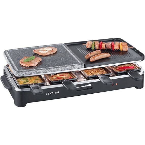 SEVERIN RG 2341 Raclette-Partygrill (ca. 1.500 W, mit Naturgrillstein und Wendegussplatte, Inkl. 8 Pfännchen)