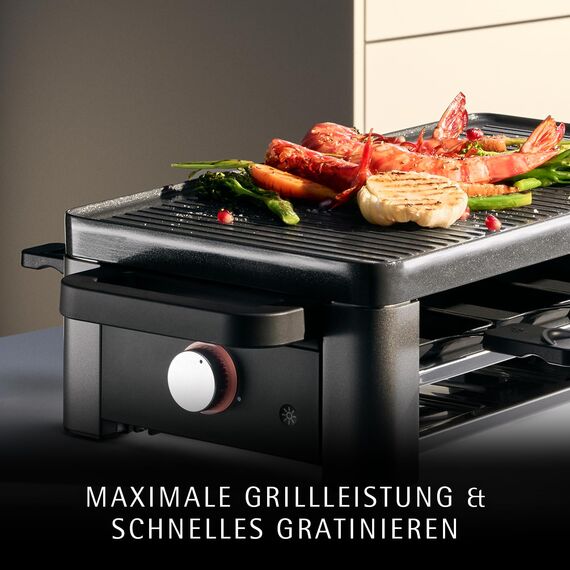 WMF Master Raclette Grill mit Keramikpfännchen und Schiebern, Raclette 8 Personen, 1500 W, mit Ablage, variable Temperaturkontrolle, antihaftbeschichtet, spülmaschinengeeignet, edelstahl schwarz matt
