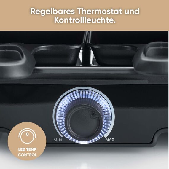 Severin Raclette-Grill, mit großer Grillplatte, Keramik- & Antihaftbeschichtung, 8 Raclette Pfännchen & 8 Spatel, Tischgrill für bis zu 8 Personen, 1.400 W Leistung, schwarz, RG 9670