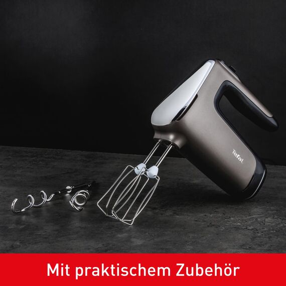 Tefal Power Mix Silence Handmixer – 600W leistungsstark und extra leise, variabler Geschwindigkeitsregler mit Turbo, Edelstahl-Rührbesen und Knethaken, ergonomischer Griff, leichter Handrührer in Grau