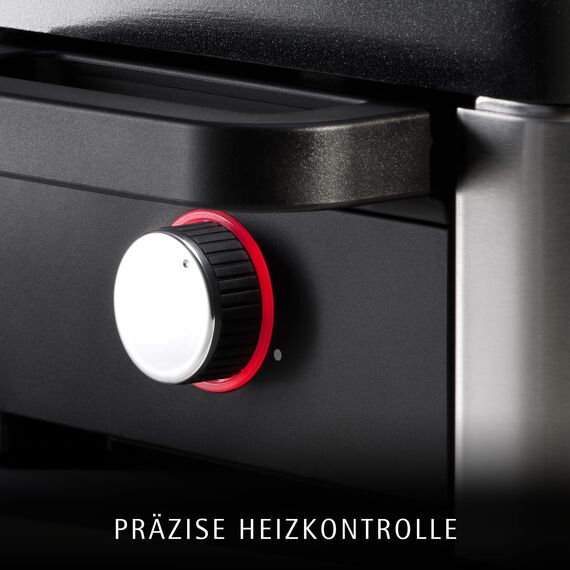 WMF Lono Selection Raclette Grill 8 Personen – Hochwertiger Cromargan Edelstahl, 1500W Leistung, keramikbeschichtete Grillplatte, 8 Pfännchen und Spatel, Temperaturregelung und Ablage