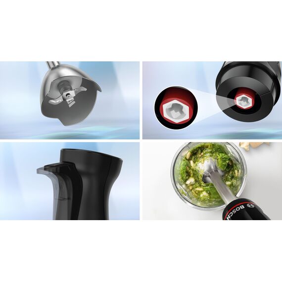 Bosch Stabmixer ErgoMaster Serie 4, mit Zerkleinerer, Mix-/Messbecher, Edelstahl-Klingen, langlebig, verschleißfreie Keramik-Kupplung, 1000 Watt, schwarz, MSM4B620