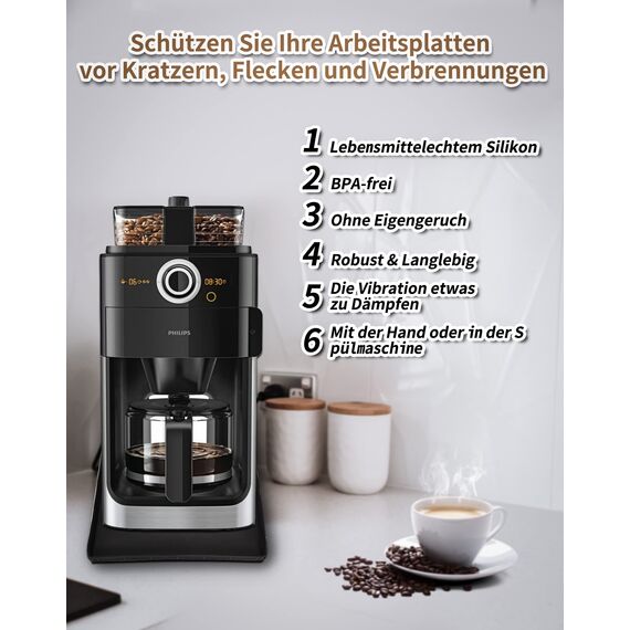 NETONDA Unterlage für Kaffeevollautomat Silikonmatte für Küchenmaschinen Zubehör Anti-Rutsch Wasserdicht Silikonunterlage für Kaffeemühle Siebträger, 48 x 30 cm, Schwarz