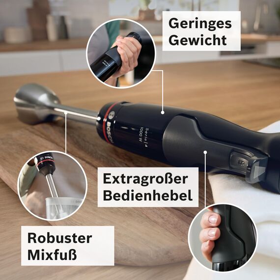 Bosch Stabmixer ErgoMaster Serie 4, mit Mixbecher, Edelstahl-Klingen, langlebig, verschleißfreie Keramik-Kupplung, Einschaltsperre, 1000 W, schwarz, MSM4B610