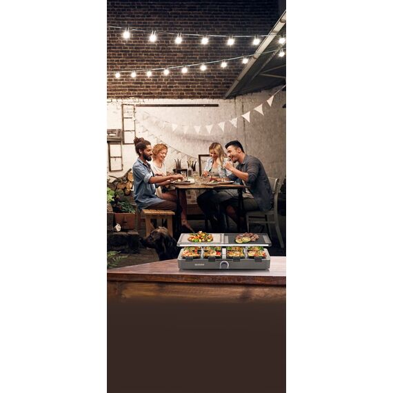 SEVERIN Raclette-Grill mit Naturgrillstein und Grillplatte, Raclette mit antihaftbeschichteter Grillplatte und 8 Pfännchen, Tischgrill für 8 Personen, max. 1300 W, schwarz, RG 2371