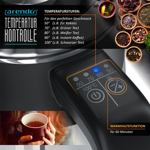 Arendo - 0,5l Edelstahl Wasserkocher mit Temperatureinstellung im Doppelwand-Design - 0,5l Wasser-Füllmenge - 5 Temperaturstufen einstellbar - Warmhaltefunktion - Energiesparend