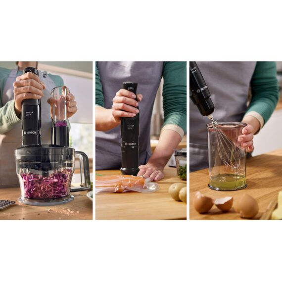 Bosch Stabmixer ErgoMaster Serie 4, mit Zerkleinerer, Mix-/Messbecher, Edelstahl-Klingen, langlebig, verschleißfreie Keramik-Kupplung, 1000 Watt, schwarz, MSM4B620