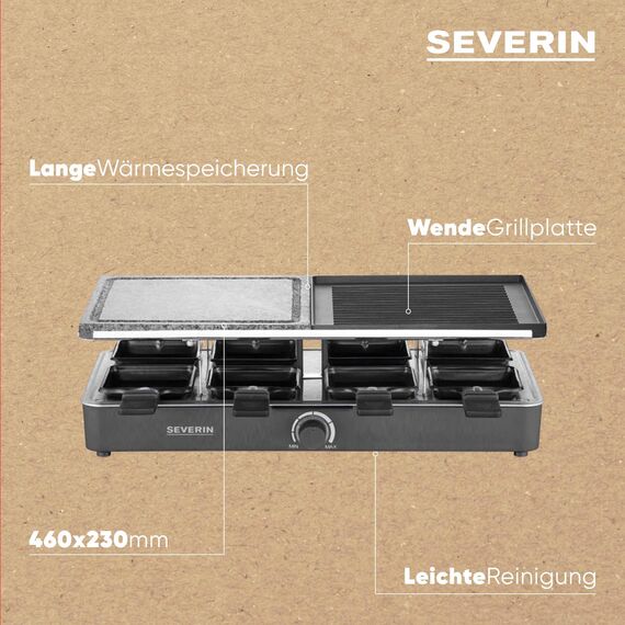 SEVERIN Raclette-Grill mit Naturgrillstein und Grillplatte, Raclette mit antihaftbeschichteter Grillplatte und 8 Pfännchen, Tischgrill für 8 Personen, max. 1300 W, schwarz, RG 2371