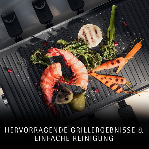 WMF Master Raclette Grill mit Keramikpfännchen und Schiebern, Raclette 8 Personen, 1500 W, mit Ablage, variable Temperaturkontrolle, antihaftbeschichtet, spülmaschinengeeignet, edelstahl schwarz matt