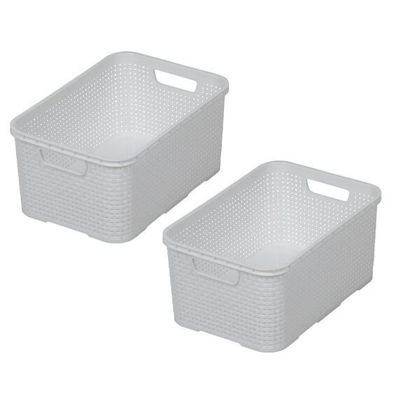 BranQ - Home essential Korb in Rattan Design 2er Set Grösse L 19 l, BPA-frei Kunststoff PP, Weiß, 38x27,8x18,5 cm, 2 Stk.