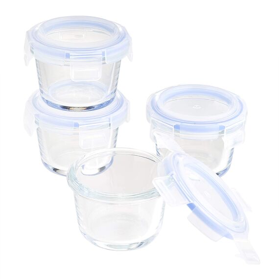 Amazon Basics ABL001 Glasaufbewahrungsbehälter, 4 Stück, 120 ml, transparent mit blauen Deckeln