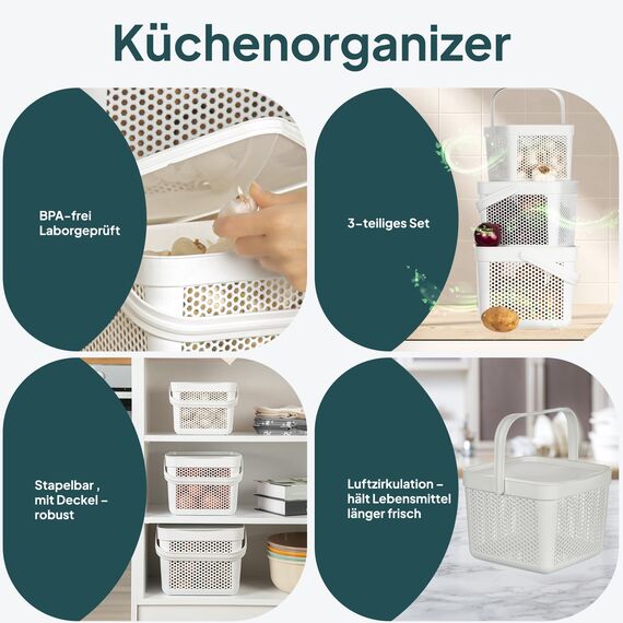 uandu Kartoffel Aufbewahrungsbox 3er Set – Kartoffelbox für Küche, Zwiebelbox & Knoblauch Aufbewahrung, Küchen Organizer