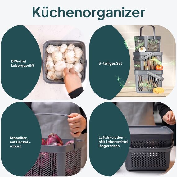 uandu Kartoffel Aufbewahrungsbox 3er Set – Kartoffelbox für Küche, Zwiebelbox & Knoblauch Aufbewahrung, Küchen Organizer