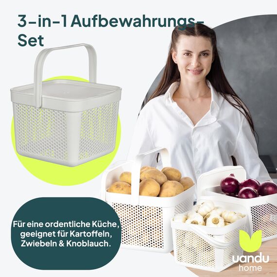 uandu Kartoffel Aufbewahrungsbox 3er Set – Kartoffelbox für Küche, Zwiebelbox & Knoblauch Aufbewahrung, Küchen Organizer