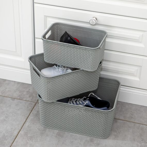 BranQ - Home essential Korb in Rattan Design 2er Set Grösse L 19 l, BPA-frei Kunststoff PP,Hellgrau, 38x27,8x18,5 cm, 2 STK 19l, 2er-Set 19l