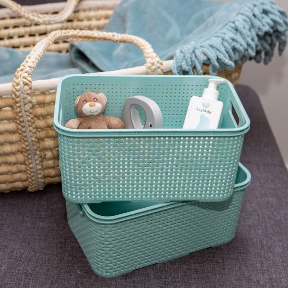 BranQ - Home essential Korb in Rattan Design 3er Set Grösse M 10 l, BPA-frei Kunststoff PP, Minze, 28,8x19,7x16,2 cm, 3 Stk.