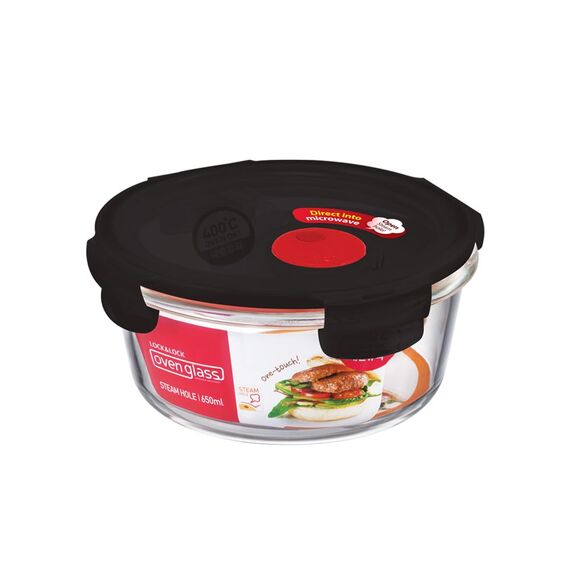 Lock & Lock Frischhaltedose aus Glas mikrowellengeeignet - Oven Glass - Für Backofen, Mikrowelle & zum Einfrieren - Mikrowellengeschirr rund mit Deckel, 650 ml