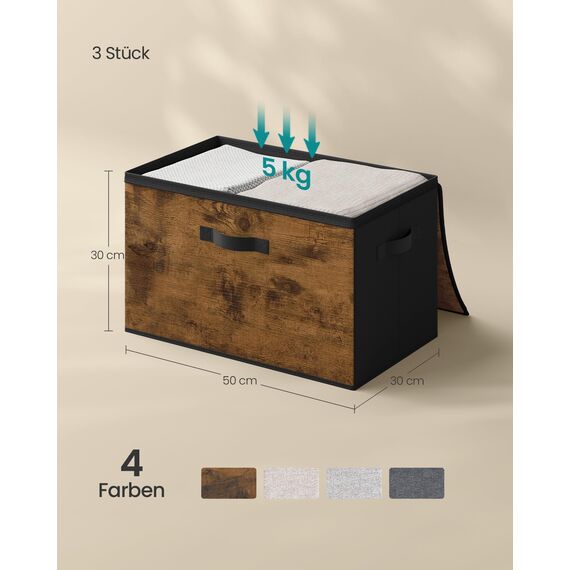 SONGMICS Aufbewahrungsbox mit Deckel, faltbare Stoffbox mit Griffen, Aufbewahrung für Kleidung, Vliesstoff, 3er Set, 50 x 30 x 30 cm, vintagebraun RYZ050BH02