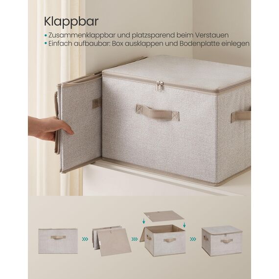 SONGMICS Aufbewahrungsbox mit Deckel, faltbare Stoffbox mit Griffen, Aufbewahrung für Kleidung, Vliesstoff, 3er Set, 40 x 30 x 25 cm, sandbeige RZB003K01