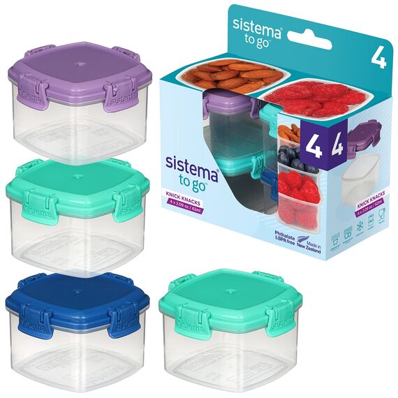 Sistema To Go Knick Knack Frischhaltedosen | 62 ml | stapelbare Snack-Boxen mit Deckel | Gemischte Farben | 4 Stück