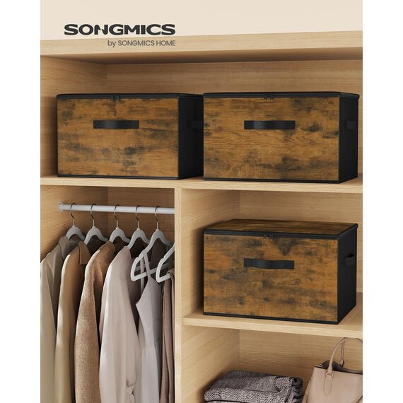 SONGMICS Aufbewahrungsbox mit Deckel, faltbare Stoffbox mit Griffen, Aufbewahrung für Kleidung, Vliesstoff, 3er Set, 40 x 30 x 25 cm, vintagebraun RYZ103B01