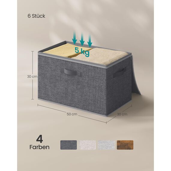 SONGMICS Aufbewahrungsbox mit Deckel, faltbare Stoffbox mit Griffen, Aufbewahrung für Kleidung, Vliesstoff, 6er Set, 50 x 30 x 30 cm, schiefergrau RZB050GN03