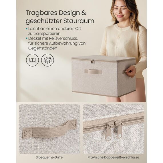 SONGMICS Aufbewahrungsbox mit Deckel, faltbare Stoffbox mit Griffen, Aufbewahrung für Kleidung, Vliesstoff, 3er Set, 40 x 30 x 25 cm, sandbeige RZB003K01