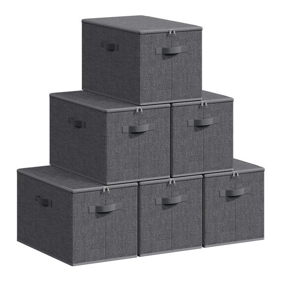 SONGMICS Aufbewahrungsbox mit Deckel, faltbare Stoffbox mit Griffen, Aufbewahrung für Kleidung, Vliesstoff, 6er Set, 50 x 30 x 30 cm, schiefergrau RZB050GN03