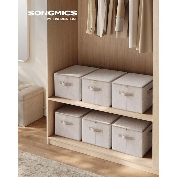 SONGMICS Aufbewahrungsbox mit Deckel, faltbare Stoffbox mit Griffen, Aufbewahrung für Kleidung, Vliesstoff, 3er Set, 40 x 30 x 25 cm, sandbeige RZB003K01