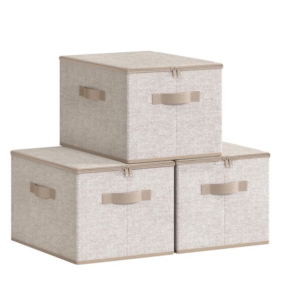 SONGMICS Aufbewahrungsbox mit Deckel, faltbare Stoffbox mit Griffen, Aufbewahrung für Kleidung, Vliesstoff, 3er Set, 40 x 30 x 25 cm, sandbeige RZB003K01