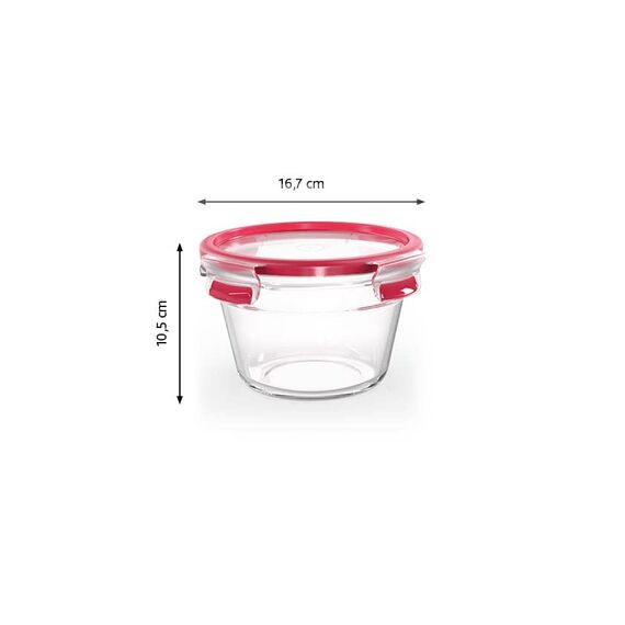 EMSA Clip & Close Glas Frischhaltedose, rund, 0,9 L, 100 Prozent dicht, rutschfestes Stapeln, Glasbehälter spülmaschinen-, gefrier-, backofen-, mikrowellenfest, Rot, Transparent, N10404