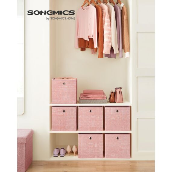 SONGMICS Aufbewahrungsbox, 6er Set, Ordnungsboxen aus Vliesstoff mit Griff, Boxen Aufbewahrung, 30 x 30 x 30 cm, Organizer Box, für Würfelregal, Faltbox, Kleideraufbewahrung, pastellrosa RFB006R01