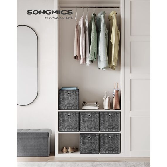 SONGMICS Aufbewahrungsbox, 6er Set, Ordnungsboxen aus Vliesstoff mit Griff, Boxen Aufbewahrung, 26 x 26 x 28 cm, Organizer Box, für Würfelregal, Faltbox, Kleideraufbewahrung, schwarz meliert RFB026B01
