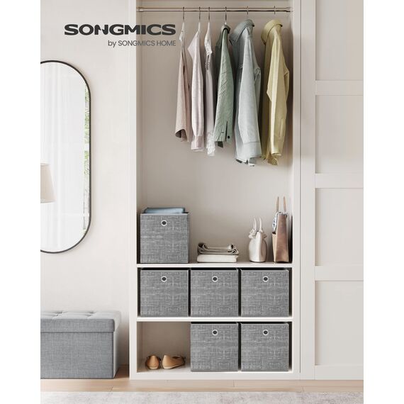 SONGMICS Aufbewahrungsbox, 6er Set, Ordnungsboxen aus Vliesstoff mit Griff, Boxen Aufbewahrung, 26 x 26 x 28 cm, Organizer Box, für Würfelregal, Faltbox, Kleideraufbewahrung, grau meliert RFB026G01