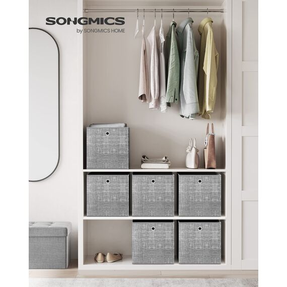 SONGMICS Aufbewahrungsbox, 6er Set, Ordnungsboxen aus Vliesstoff mit Griff, Boxen Aufbewahrung, 33 x 33 x 33 cm, Organizer Box, für Würfelregal, Faltbox, Kleideraufbewahrung, grau meliert RFB033G01