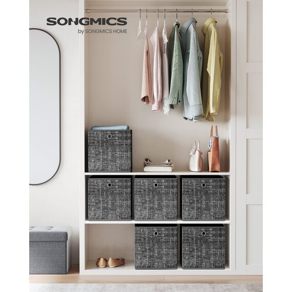 SONGMICS Aufbewahrungsbox, 6er Set, Ordnungsboxen aus Vliesstoff mit Griff, Boxen Aufbewahrung, 33 x 33 x 33 cm, Organizer Box, für Würfelregal, Faltbox, Kleideraufbewahrung, schwarz meliert RFB033B01