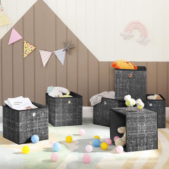 SONGMICS Aufbewahrungsbox, 6er Set, Ordnungsboxen aus Vliesstoff mit Griff, Boxen Aufbewahrung, 30 x 30 x 30 cm, Organizer Box, für Würfelregal, Faltbox, Kleideraufbewahrung, schwarz meliert RFB006B01
