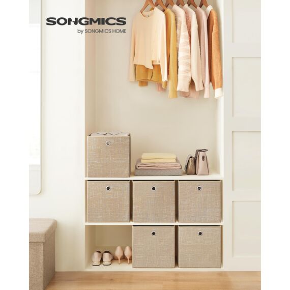 SONGMICS Aufbewahrungsbox, 6er Set, Ordnungsboxen aus Vliesstoff mit Griff, Boxen Aufbewahrung, 30 x 30 x 30 cm, Organizer Box, für Würfelregal, Faltbox, Kleideraufbewahrung, sandbeige RFB006K03