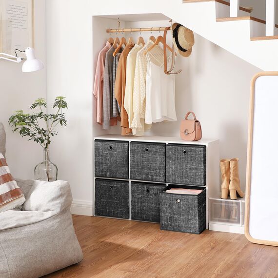 SONGMICS Aufbewahrungsbox, 6er Set, Ordnungsboxen aus Vliesstoff mit Griff, Boxen Aufbewahrung, 30 x 30 x 30 cm, Organizer Box, für Würfelregal, Faltbox, Kleideraufbewahrung, schwarz meliert RFB006B01